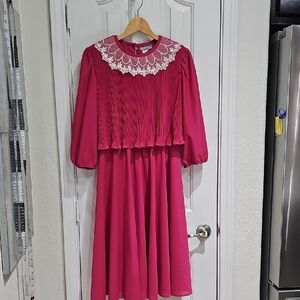 Lisa Cole Vintage Pink  Dress with Lace Collar Size 12